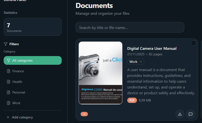Capture: Dashboard with spaces, recent documents, and prominent search bar