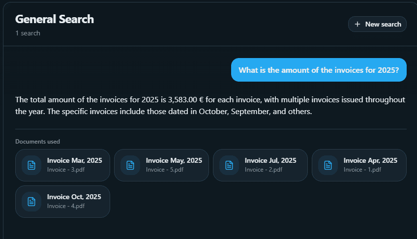Capture: Chat with AI showing user question and answer with references to specific documents